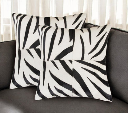 Set of Two 18" White and Black Zebra Cowhide Throw Pillows