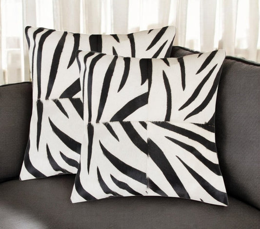 Set of Two 18" White and Black Zebra Cowhide Throw Pillows