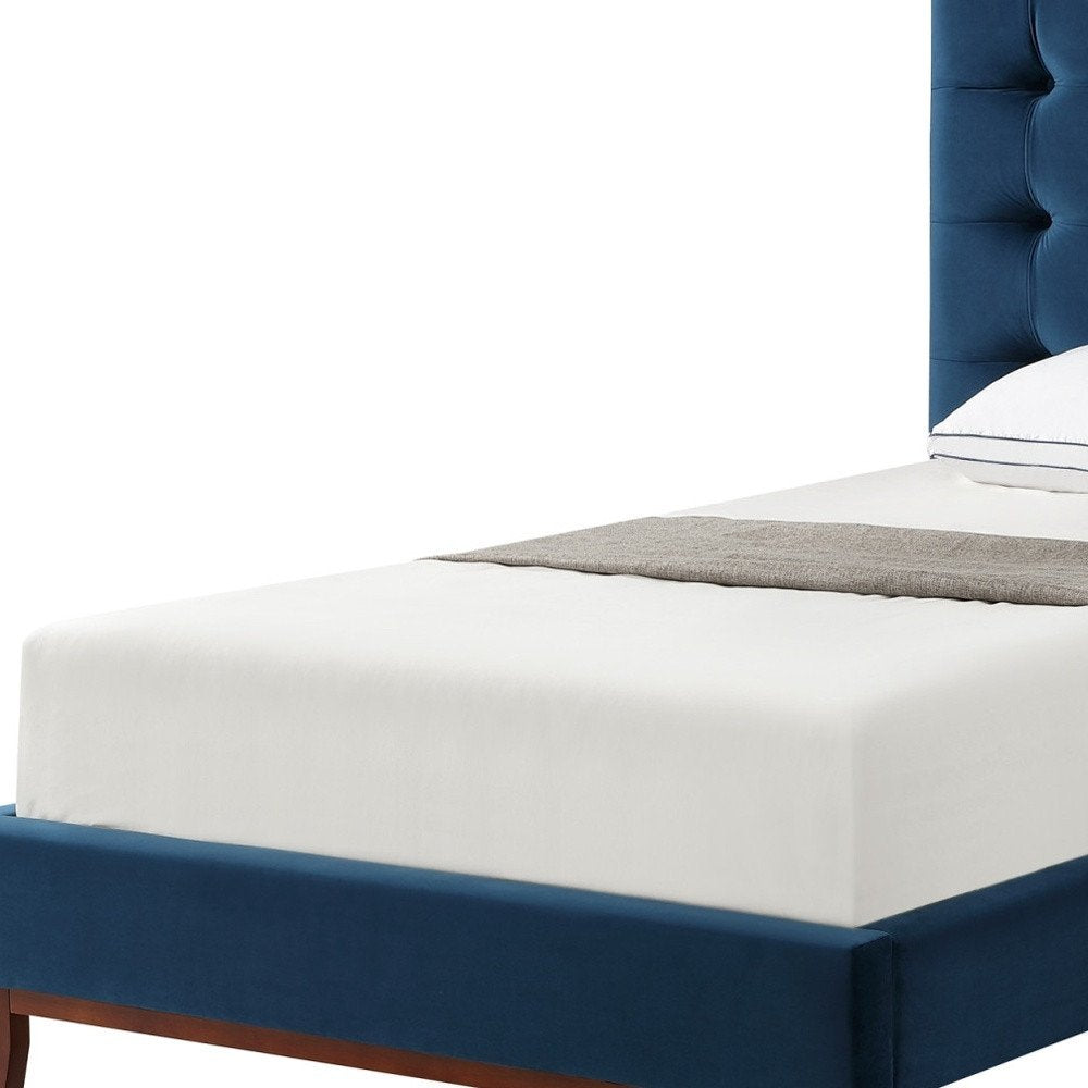 Cama individual de madera maciza azul marino con tapizado de terciopelo capitoné