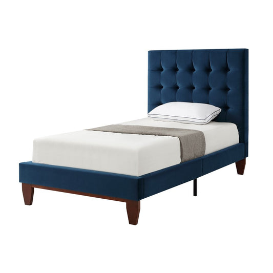 Cama individual de madera maciza azul marino con tapizado de terciopelo capitoné