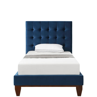 Cama individual de madera maciza azul marino con tapizado de terciopelo capitoné