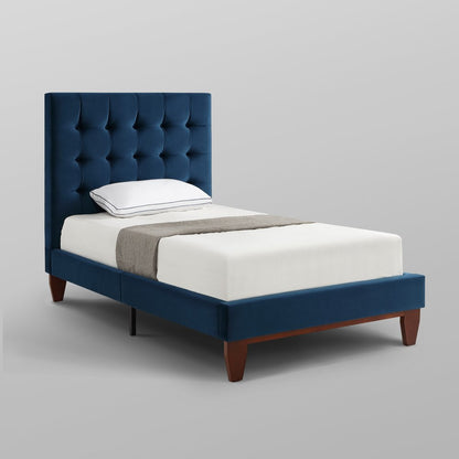 Cama individual de madera maciza azul marino con tapizado de terciopelo capitoné