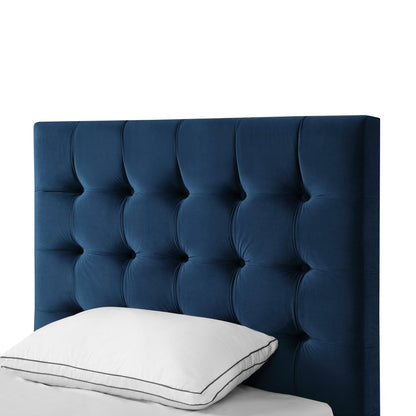 Cama individual de madera maciza azul marino con tapizado de terciopelo capitoné