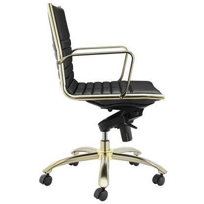 Silla de oficina giratoria ajustable para conferencias, de acero negro y dorado y cuero sintético.
