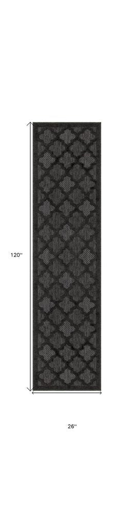 10' Charcoal And Black Trellis Indoor Outdoor Runner Rug