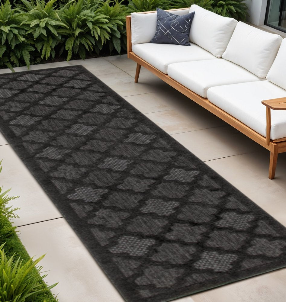 10' Charcoal And Black Trellis Indoor Outdoor Runner Rug