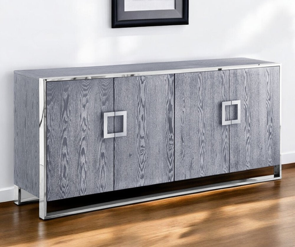 71" Ash Gray And Chrome Sideboard with Four Doors