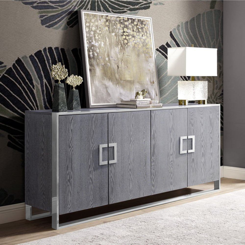 71" Ash Gray And Chrome Sideboard with Four Doors