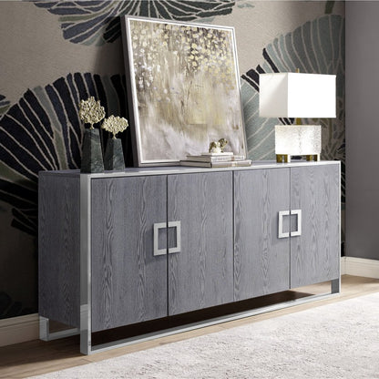 71" Ash Gray And Chrome Sideboard with Four Doors