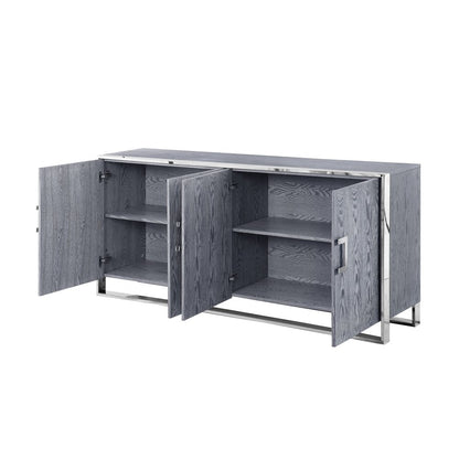 71" Ash Gray And Chrome Sideboard with Four Doors