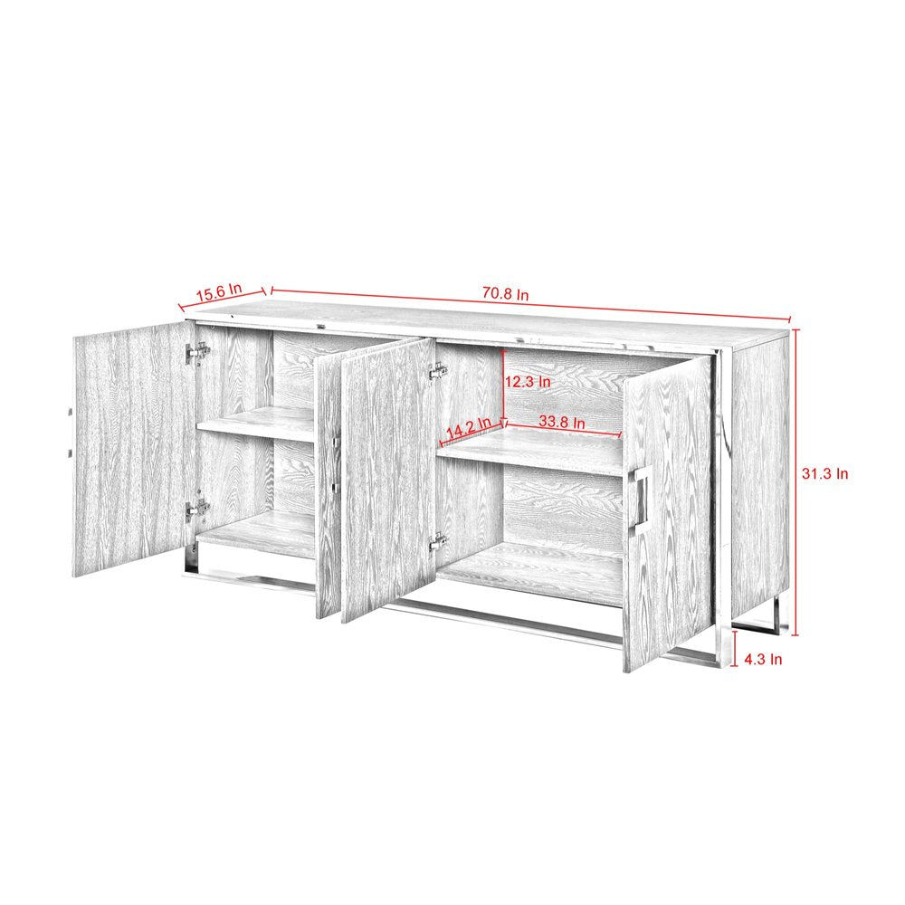 71" Ash Gray And Chrome Sideboard with Four Doors