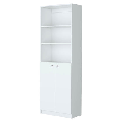 71" White Wood Three Tier Bookcase with Two Doors