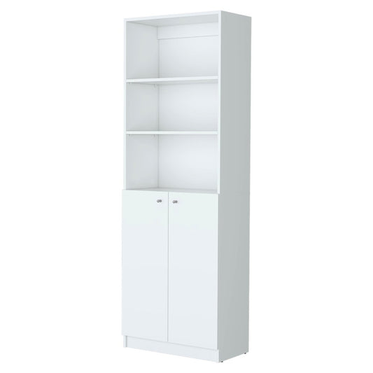 71" White Wood Three Tier Bookcase with Two Doors