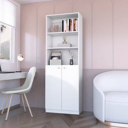 71" White Wood Three Tier Bookcase with Two Doors
