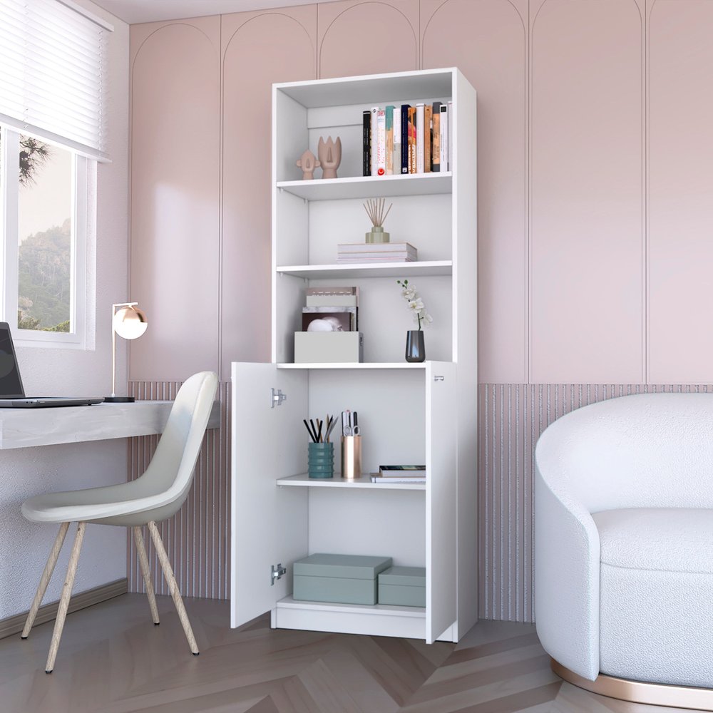 71" White Wood Three Tier Bookcase with Two Doors