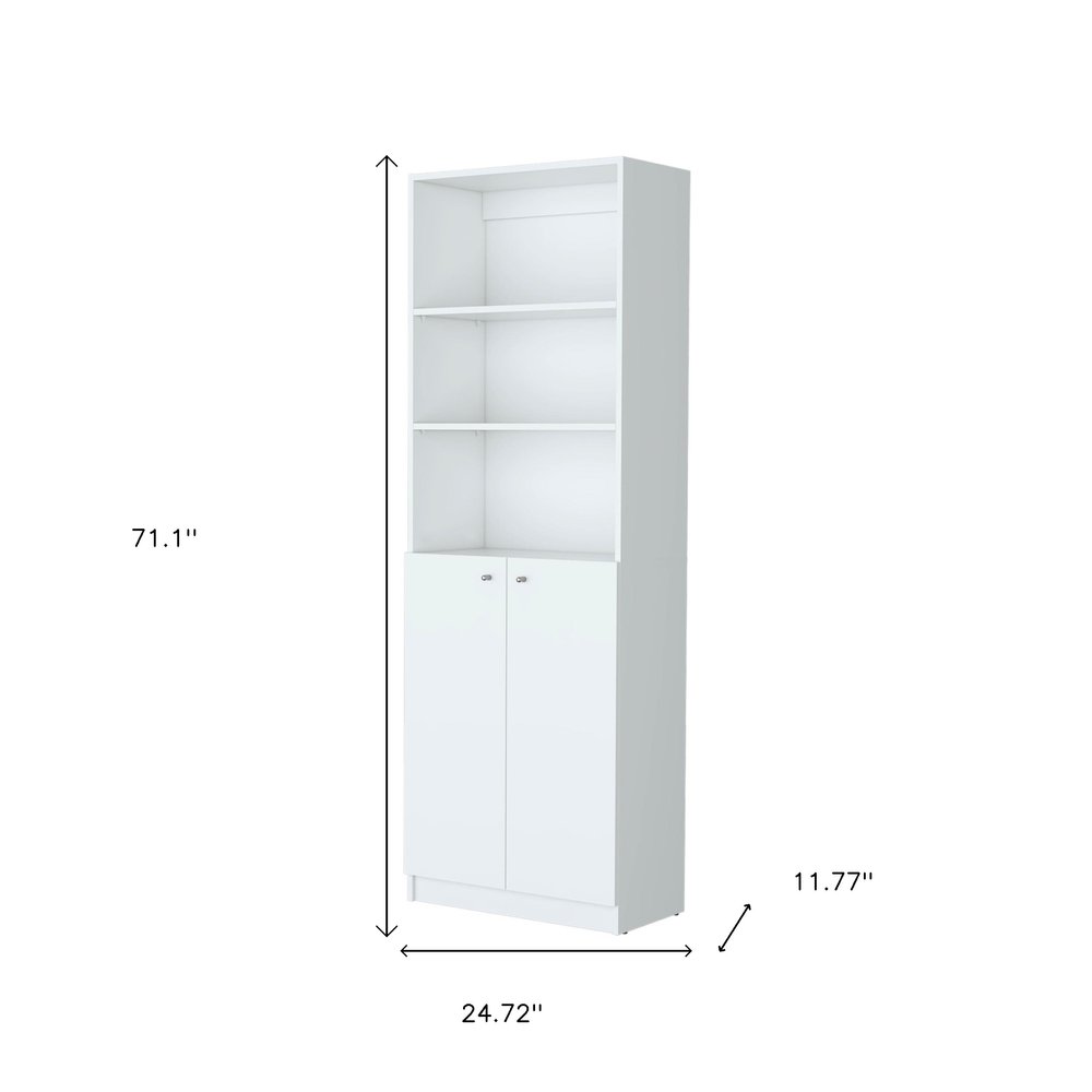 71" White Wood Three Tier Bookcase with Two Doors