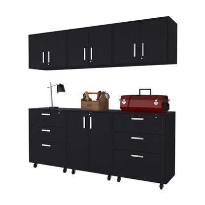 Gabinete de pared negro de 28" con ocho estantes y seis cajones