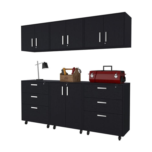 Gabinete de pared negro de 28" con ocho estantes y seis cajones