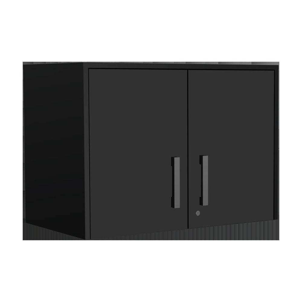 Gabinete de pared negro de 28" con ocho estantes y seis cajones