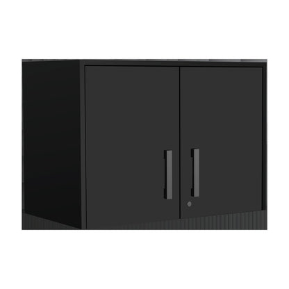 Gabinete de pared negro de 28" con ocho estantes y seis cajones