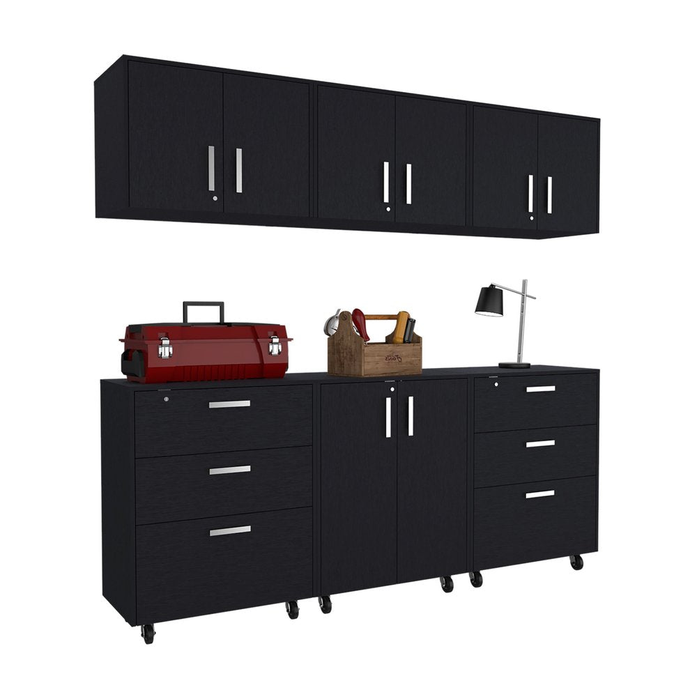 Gabinete de pared negro de 28" con ocho estantes y seis cajones