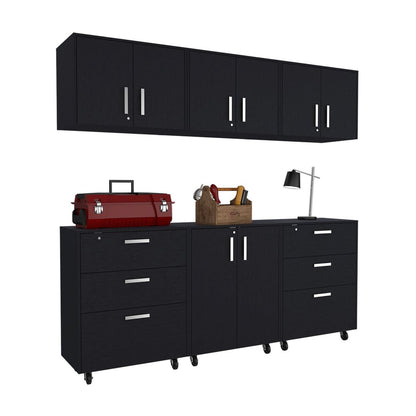Gabinete de pared negro de 28" con ocho estantes y seis cajones