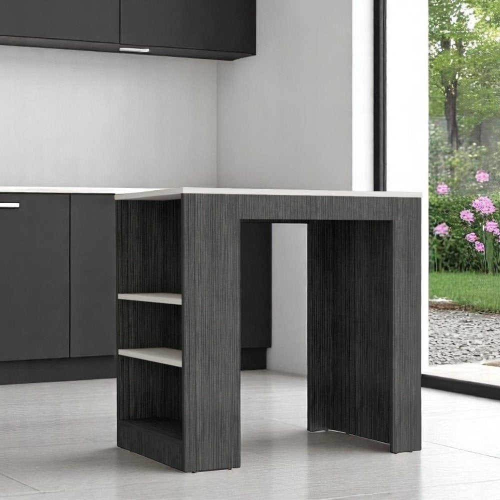 36" White and Gray Marble and Wood Kitchen Island With Storage