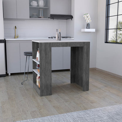 36" White and Gray Marble and Wood Kitchen Island With Storage