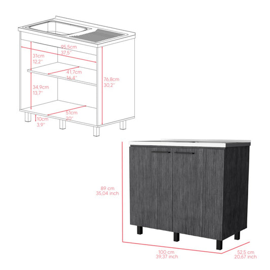 35" X 39" Dark Gray And Silver Stainless Steel and Wood Utility Cabinet With Sink