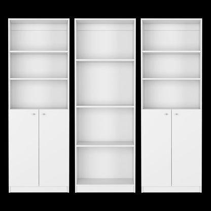 Conjunto de tres librerías modulares de madera blanca de diez niveles con cuatro puertas