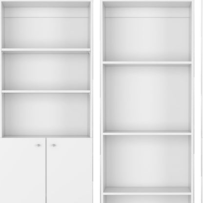 Conjunto de tres librerías modulares de madera blanca de diez niveles con cuatro puertas