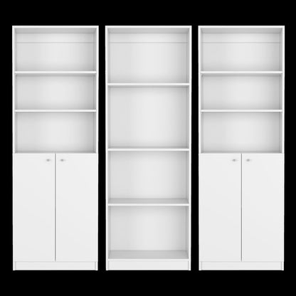 Conjunto de tres librerías modulares de madera blanca de diez niveles con cuatro puertas