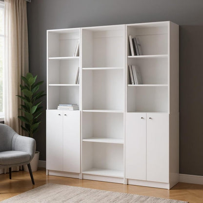 Conjunto de tres librerías modulares de madera blanca de diez niveles con cuatro puertas