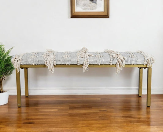47" Gray Ivory and Gold Geometric Cotton Upholstered Bench