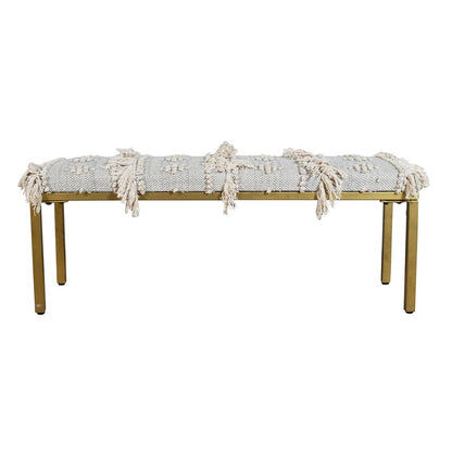 47" Gray Ivory and Gold Geometric Cotton Upholstered Bench