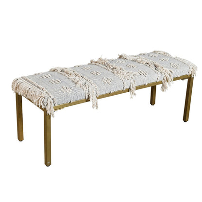 47" Gray Ivory and Gold Geometric Cotton Upholstered Bench