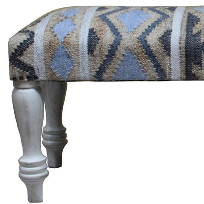47" Beige Blue and White Geometric Cotton Blend Upholstered Bench