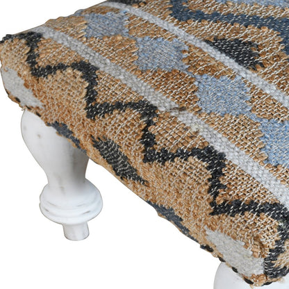 47" Beige Blue and White Geometric Cotton Blend Upholstered Bench