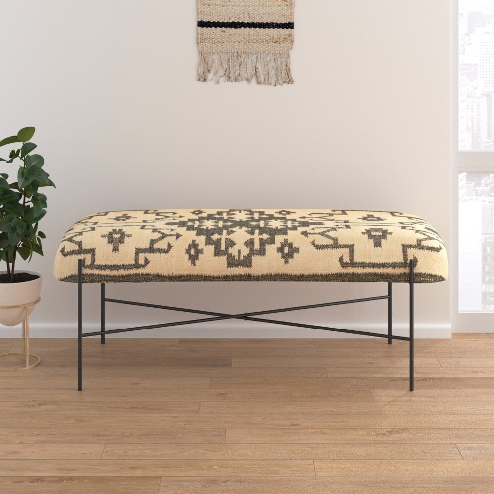 48" Cream and Black Cotton Blend Upholstered Southwest Bench