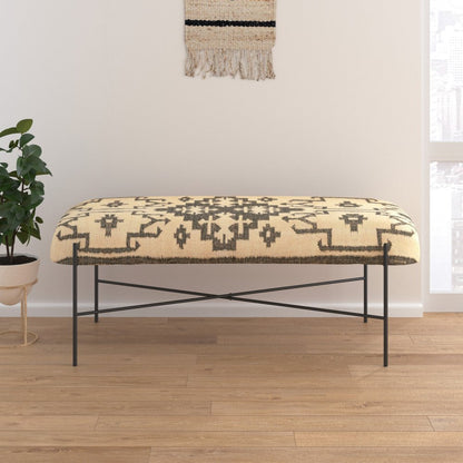 48" Cream and Black Cotton Blend Upholstered Southwest Bench