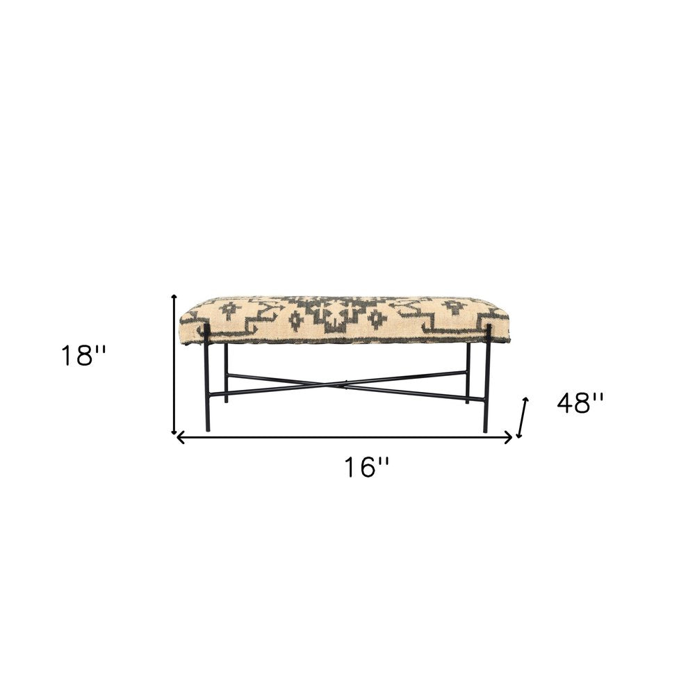 48" Cream and Black Cotton Blend Upholstered Southwest Bench