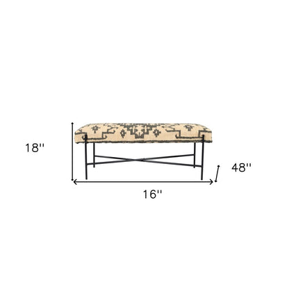 48" Cream and Black Cotton Blend Upholstered Southwest Bench