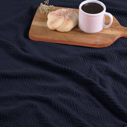 King Navy Blue Cotton Woven Chevron Blanket