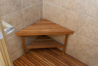 18" X 31" Brown Teak Corner Shower Bench With Shelf