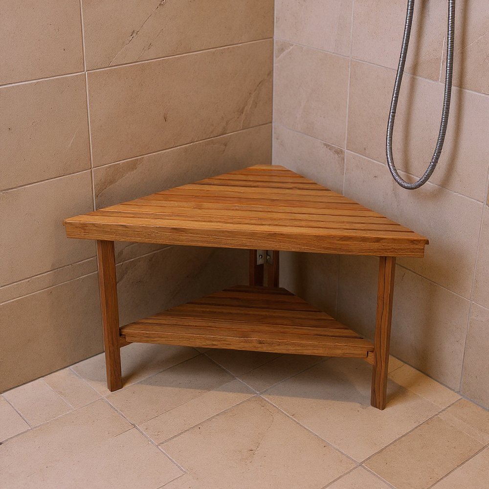 18" X 31" Brown Teak Corner Shower Bench With Shelf