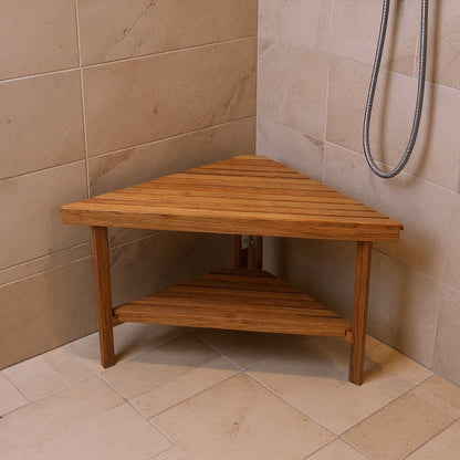 18" X 31" Brown Teak Corner Shower Bench With Shelf