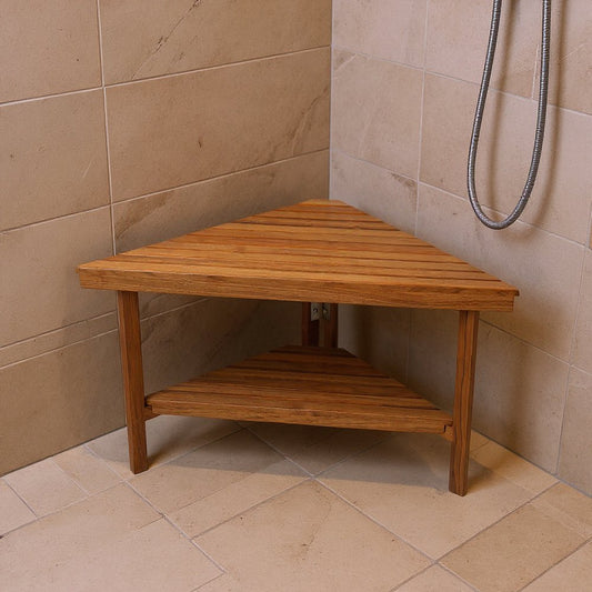 18" X 31" Brown Teak Corner Shower Bench With Shelf