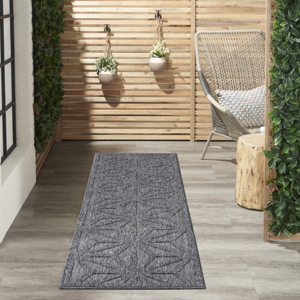 10' Dark Gray And Light Gray Geometric Indoor Outdoor Runner Rug