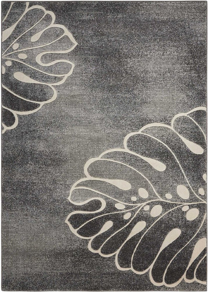 9' X 13' Ivory Black and Gray Botanical Leaves Non Skid Area Rug