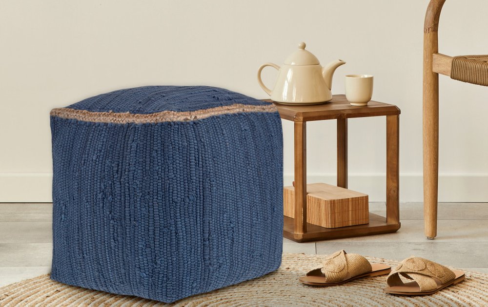 18" Gray and Natural Cotton And Jute Cube Pouf Ottoman